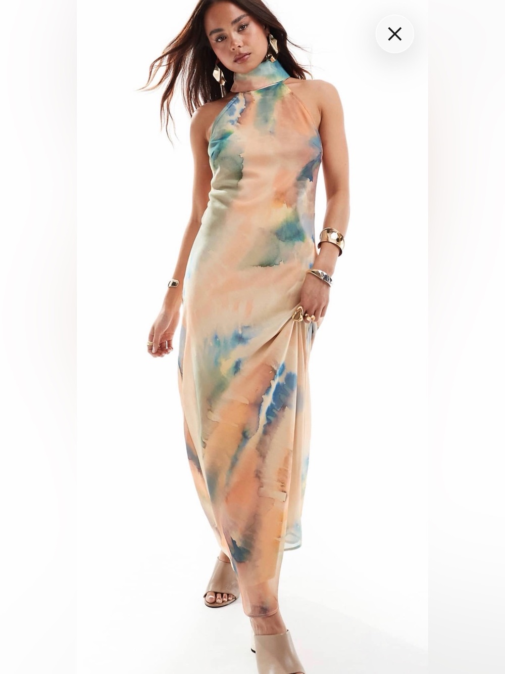 ASOS Peach and Blue Watercolor Halter Maxi Dress